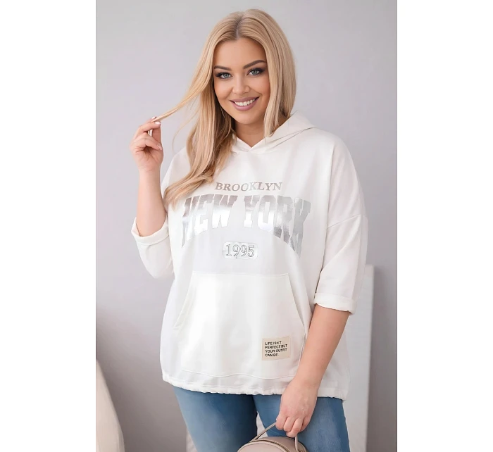 Dámska viskózna mikina Plus Size s kapucňou a klokaním vreckom ecru