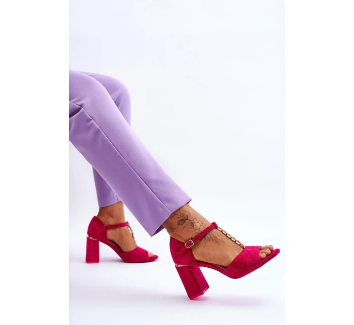 Zamszowe Sandały Na Obcasie Z Cyrkoniami Fuksja Aniya