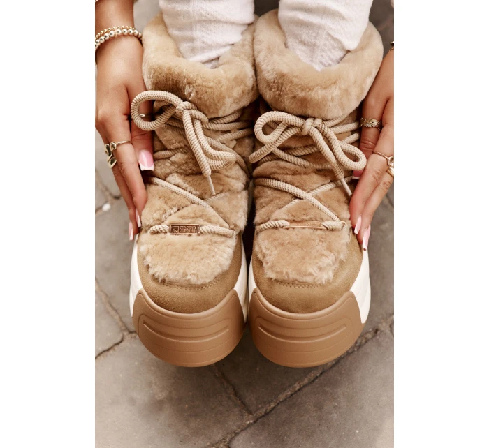 Skórzane Śniegowce Damskie Na Grubej Podeszwie Z Futerkiem Big Star OO274A207 Brązowe Skórzane Śniegowce Damskie Na Grubej Podeszwie Z Futerkiem Big Star OO274A207 Brązowe