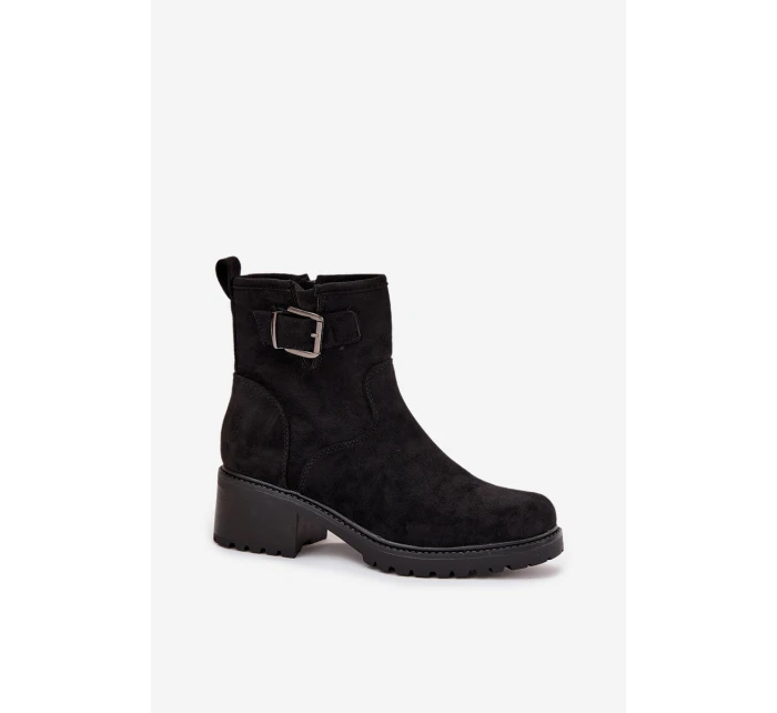 Ocieplane Botki Damskie Na Niskim Obcasie Klocku Z Klamrą Czarne  Helvina