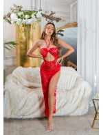 Dámske sexy čipkované šaty s výstrihom 0000K20862 Červená - Koucla