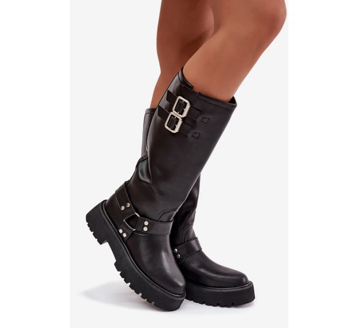 Kožené dámské kozačky s přezkami zateplené Big Star model 21758949 černé - Big Star Shoes