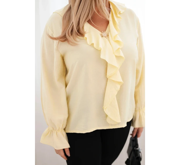 Plus veľkosť dámske viskózové blúzka s volánom a ozdobné brošne žltá