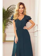 LIDIA - Dlhé dámske šaty v fľaškovo zelenej farbe s výstrihom a volánikmi 310-1