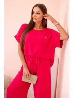Dámsky viskózový set s ozdobným kvetom a širokými nohavicami - fuchsiová