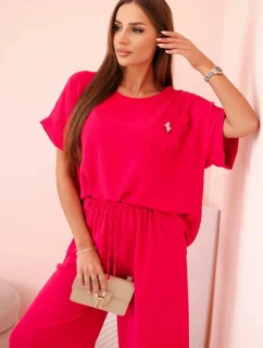 Dámský komplet z viskózy s ozdobným květem a širokými kalhotami - fuchsie