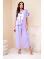 Dámský viskózový komplet s halenkou s potiskem a kalhotami světle fialový