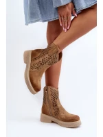 Zazoo 3470 Zamszowe Botki Damskie Na Płaskim Obcasie Ażurowe Beżowe