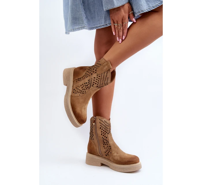 Zazoo 3470 Zamszowe Botki Damskie Na Płaskim Obcasie Ażurowe Beżowe