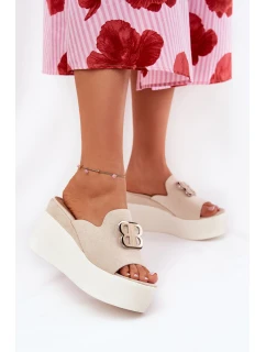 Klapki Na Platformie I Koturnie Z Ozdobą Beżowe Tanonea
