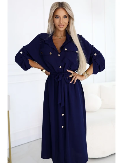 model 21208909 Midi košilka se zlatými knoflíky a vázáním ZELENÁ - numoco basic