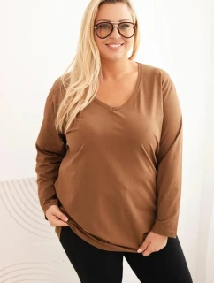 Dámská blůza Plus Size s výstřihem do V a dlouhým rukávem hnědá