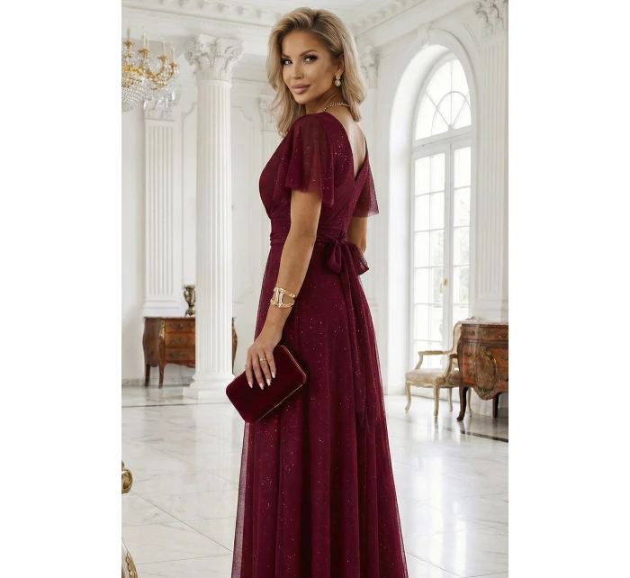 635-5 MELANIA dlhé lesklé šaty s výstrihom a krátkymi rukávmi - bordové 635-5 MELANIA dlhé lesklé šaty s výstrihom a krátkymi rukávmi - bordové