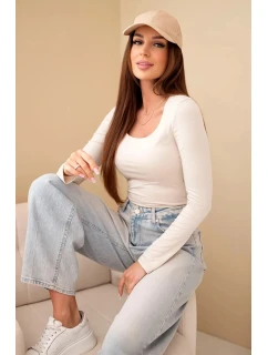 Dámská basic blůza se model 22126405 výstřihem a dlouhým rukávem béžová - K-Fashion
