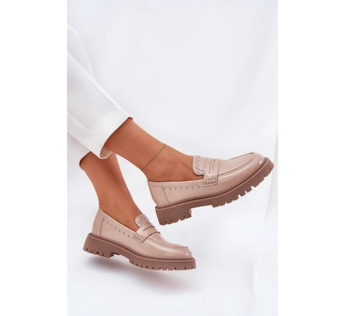 Mokasyny Damskie Lakierowane Ze Zdobieniem Beżowe Nallae