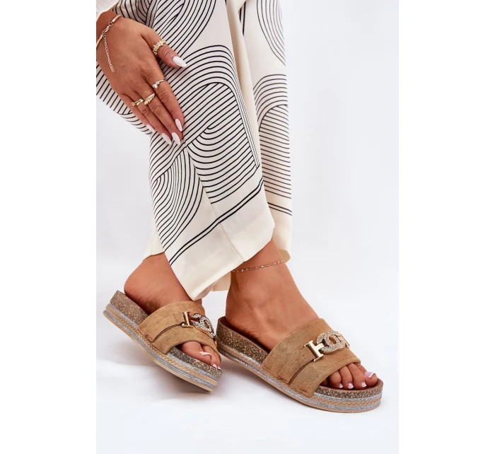 Klapki Damskie Ze Złotym Detalem Na Platformie Z Brokatem Camel Eanes Klapki Damskie Ze Złotym Detalem Na Platformie Z Brokatem Camel Eanes