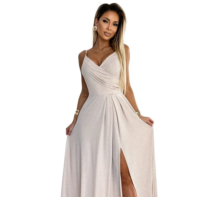 299-15 CHIARA elegantné dlhé maxi šaty bez ramienok - béžové s brokátom 299-15 CHIARA elegantné dlhé maxi šaty bez ramienok - béžové s brokátom