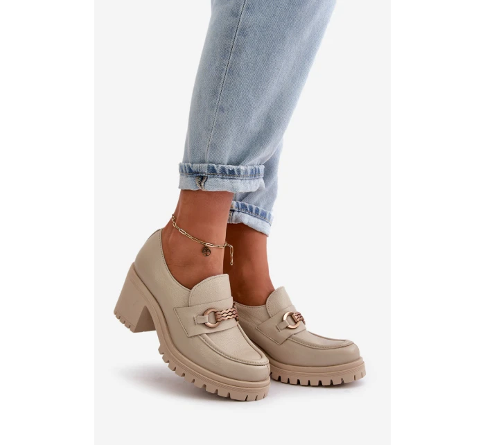 Zazoo 20175 Półbuty Damskie Na Słupku Skóra Naturalna Jasnobeżowe