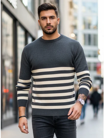 Pánsky tmavosivý pruhovaný sveter FashionStreet WX2133