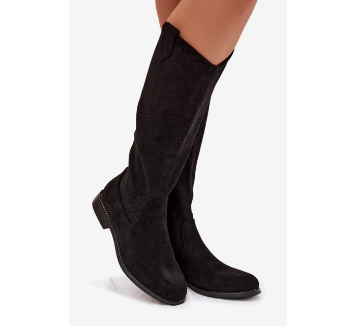 Dámské kozačky s vzorem na nízkém podpatku  Černé model 22031878 - S.Barski