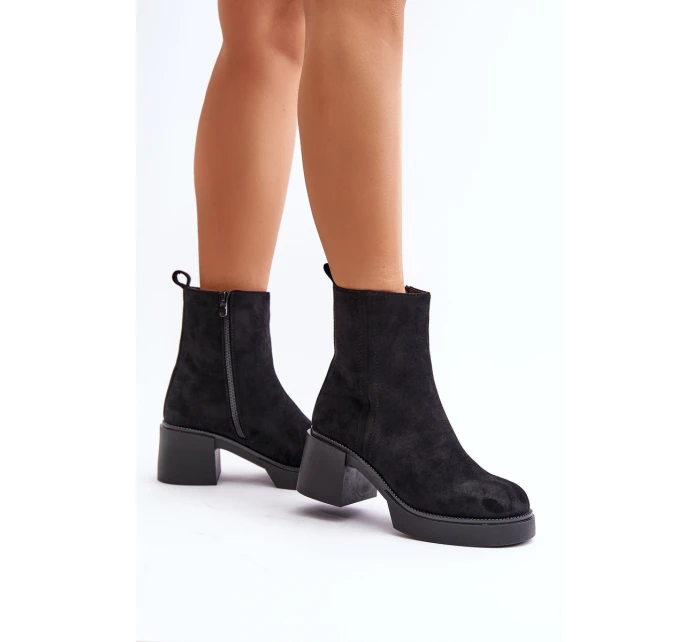 Eko Zamszowe Damskie Botki Na Słupku Ocieplane Czarne Meriluna