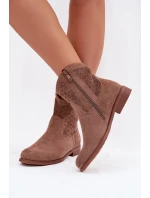 Dámské kotníkové boty na nízkém podpatku s krajkovým vzorem model 22007421 Hnědé - S.Barski