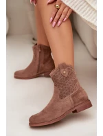 Dámské kotníkové boty na nízkém podpatku s krajkovým vzorem model 22007421 Hnědé - S.Barski