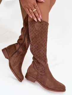 Dámske čižmy na plochom podpätku s ažurovým vzorom S.Barski - hnedé