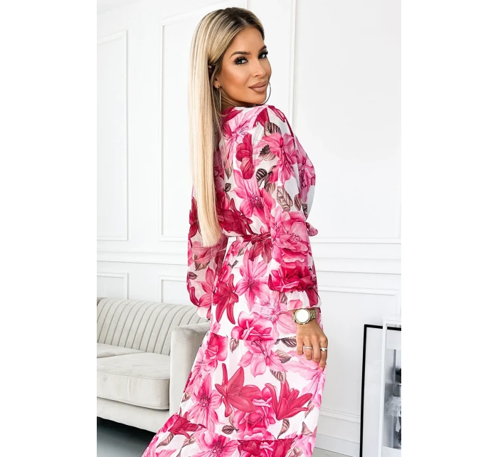 436-1 VALENTINA Midi šaty s výstrihom a opaskom - RUŽOVÉ ruže na bielom pozadí