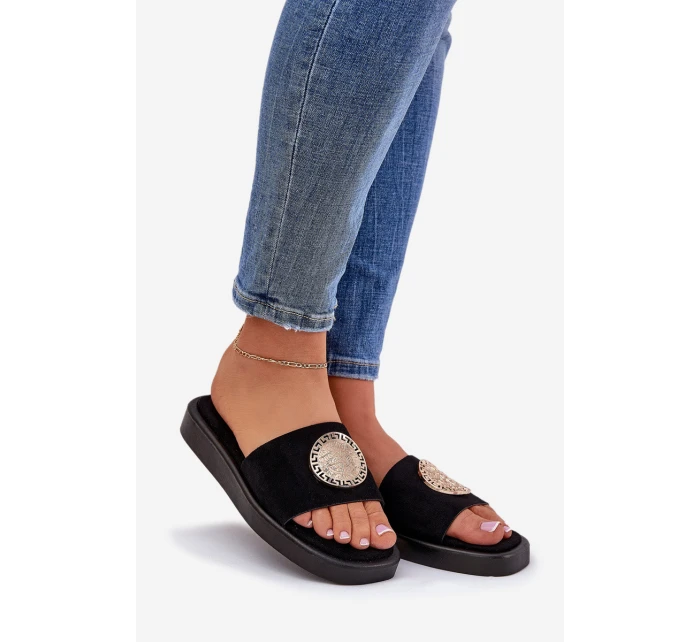 Klapki Damskie Ze Złotą Ozdobą Czarne Kaliora Klapki Damskie Ze Złotą Ozdobą Czarne Kaliora