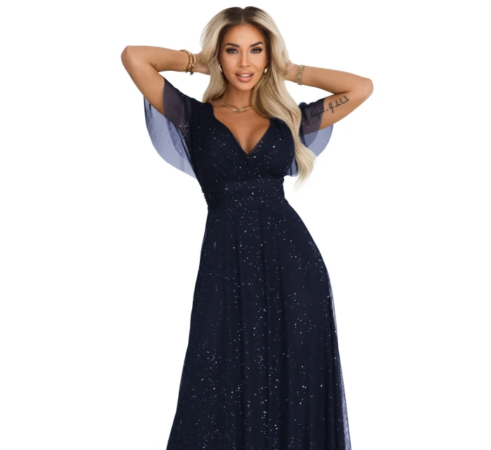 dlouhé lesklé šaty s výstřihem a krátkými rukávy tmavě modré model 21777396 - numoco basic