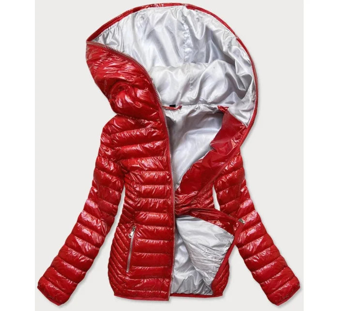 Červená prešívaná dámska bunda s kapucňou (B9752)