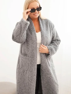 Dámsky kabát Plus Size z viskózy bez zapínania s vreckami sivý