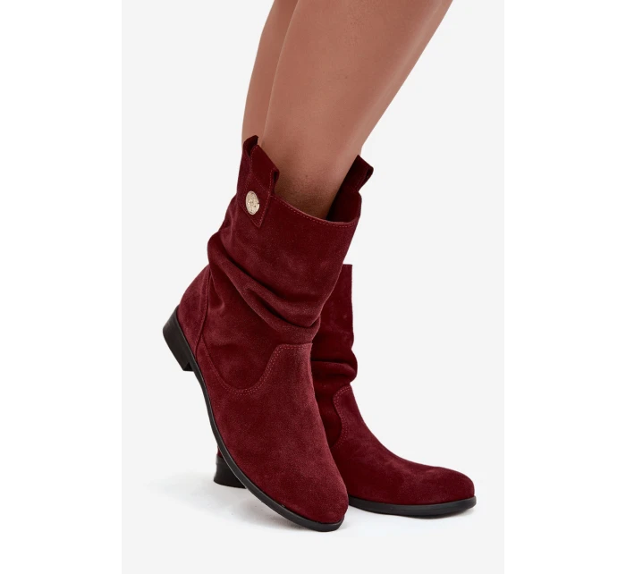 Skórzane Zamszowe Botki Damskie Z Marszczeniem Ocieplane Zazoo 4210 Bordowe
