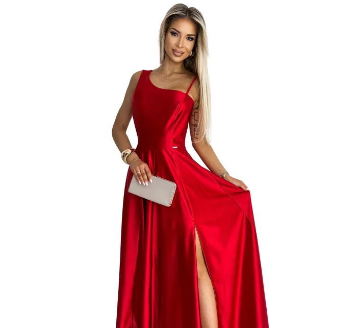 524-1 Dlhé elegantné saténové šaty na jedno rameno - ČERVENÉ