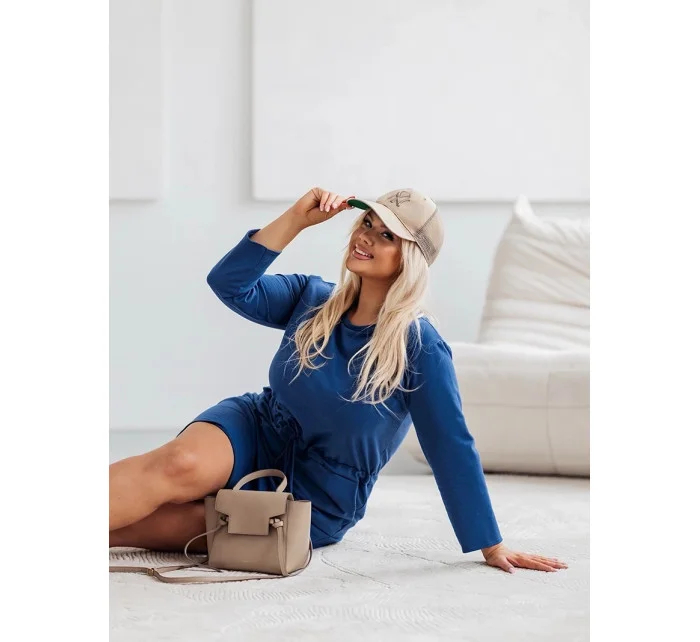 Dámske tmavomodré bavlnené šaty so šnúrkou (719)