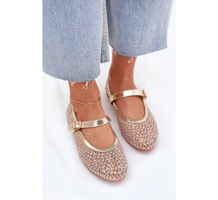 Zdobione Baleriny Damskie Z Paskiem I Klamrą Złote Avirae Zdobione Baleriny Damskie Z Paskiem I Klamrą Złote Avirae