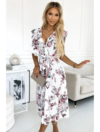 GABRIELLA Bílé dámské šaty s výstřihem, zavazováním a se vzorem bordó růží model 21290241 - numoco basic GABRIELLA Bílé dámské šaty s výstřihem, zavazováním a se vzorem bordó růží model 21290241 - numoco basic