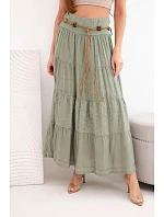 Dámska maxi bavlnená sukňa s čipkovou výšivkou a elastickým pásom khaki