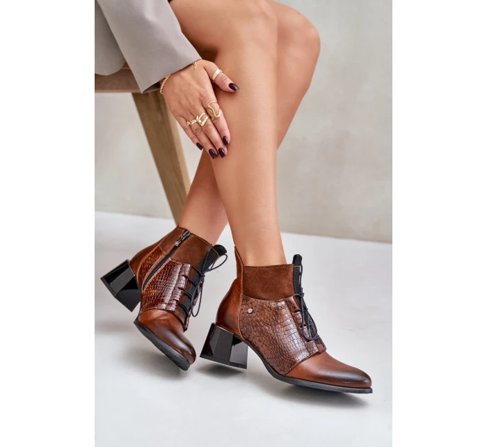 model 21677160 Kožené boty na podpatku zateplené hnědé - Zazoo
