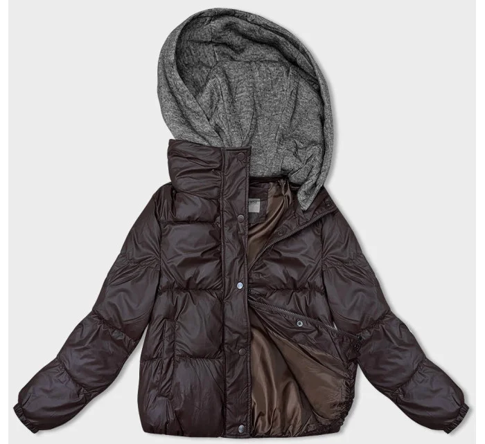 Hnedá dámska zimná bunda s pletenou kapucňou (B8213-14)