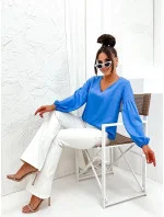 Svetlomodrá elegantná dámska blúzka s ozdobnými rukávmi (698)