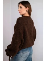 Dámský svetr s příměsí mohéru s model 21857681 pletením a ozdobnými rukávy hnědý - K-Fashion