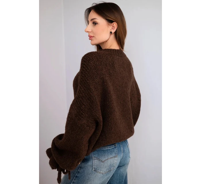 Dámský svetr s příměsí mohéru s model 21857681 pletením a ozdobnými rukávy hnědý - K-Fashion
