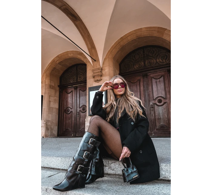 Dámské kozačky na platformě s ohnutým horním lemem a stříbrnými přezkami Černé Sarisse