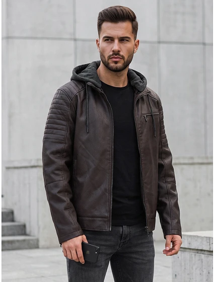 Pánska kožená zateplená bunda s kapucňou, hnedá, FashionStreet TX5142 Pánska kožená zateplená bunda s kapucňou, hnedá, FashionStreet TX5142
