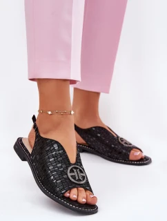 Skórzane Sandały Na Płaskim Obcasie Z Ozdobą S.Barski KV51-094 Czarne