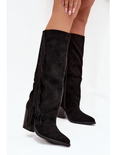 Kozaki Kowbojki Damskie Z Frędzlami Na Słupku Czarne Tivara