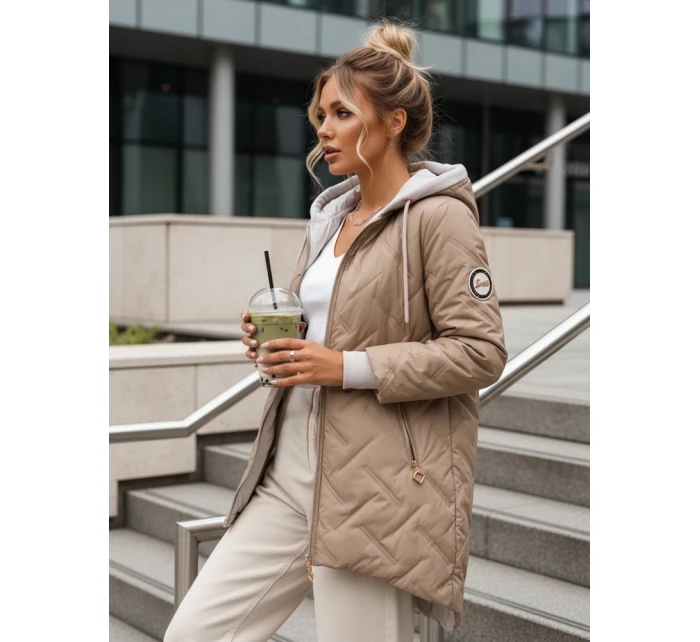 Dámska prechodná prešívaná bunda s predĺženým strihom béžová TY5612