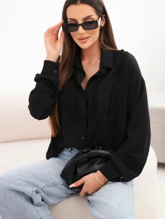 Dámská viskózová košile s dlouhým rukávem a volánky černá